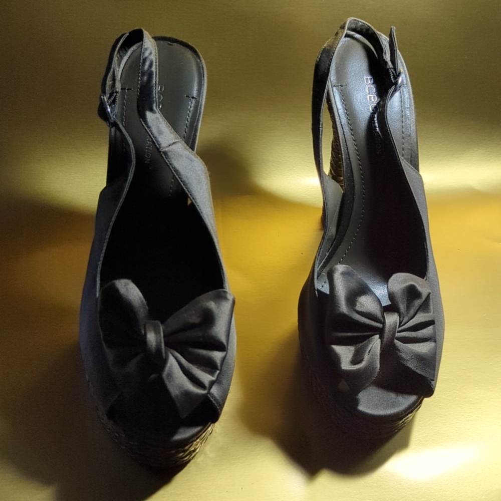 Size 10 silk sling backs platform 3 and 1/2-in heel with silk bow on top